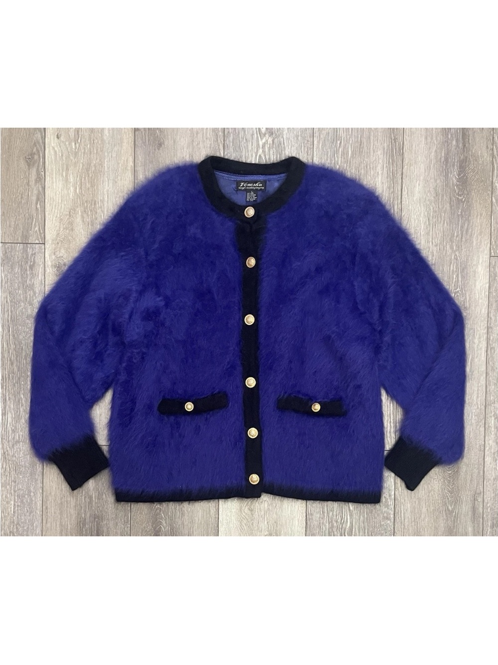 Vtg Venesha 80% Angora Blue Soft Fuzzy Fluffy Gold Button Sweater Jacket L 46”